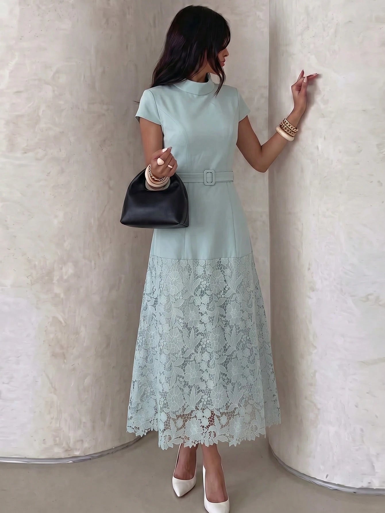 NOVVYNE Women's Blue Woven Short Sleeve Tie Waist Fabric Button Cinched Waist A-Line Patchwork Woven Water-Soluble Lace Elegant Romantic Long Dress