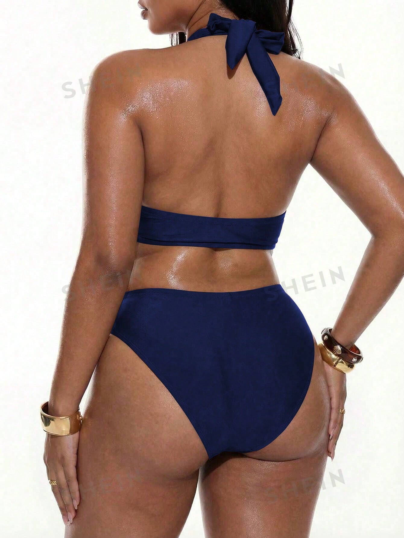 Oceva Plus Size Women's Solid Color Accessory Sexy Clubwear Top Paired With Matching Thong Bikini Swimwear Set