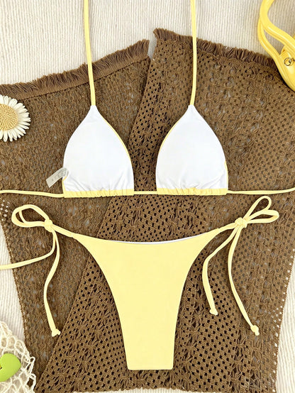 Oceva Women's Summer Beach Solid Color Halter Neck Tie Sexy Fashion Bikini Two-Piece Swimsuit Set