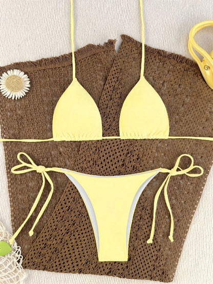 Oceva Women's Summer Beach Solid Color Halter Neck Tie Sexy Fashion Bikini Two-Piece Swimsuit Set