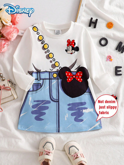 [Official Licensed]Disney Minnie Mouse Spring/Autumn/Winter Casual Dress For Baby Girls, Cartoon "Minnie Mouse" Faux Denim Print Long Sleeve Dress, Girls' Daily Home Outdoor Travel Baby Girl Clothing