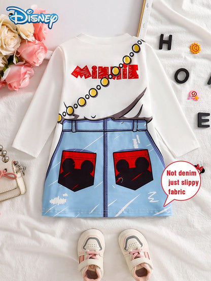 [Official Licensed]Disney Minnie Mouse Spring/Autumn/Winter Casual Dress For Baby Girls, Cartoon "Minnie Mouse" Faux Denim Print Long Sleeve Dress, Girls' Daily Home Outdoor Travel Baby Girl Clothing
