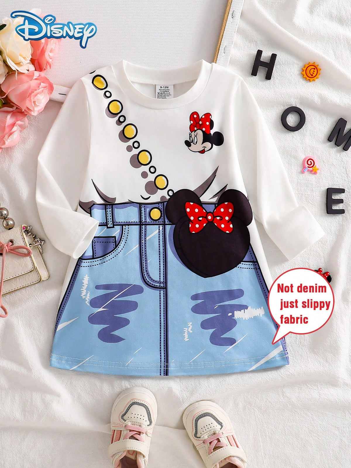 [Official Licensed]Disney Minnie Mouse Spring/Autumn/Winter Casual Dress For Baby Girls, Cartoon "Minnie Mouse" Faux Denim Print Long Sleeve Dress, Girls' Daily Home Outdoor Travel Baby Girl Clothing