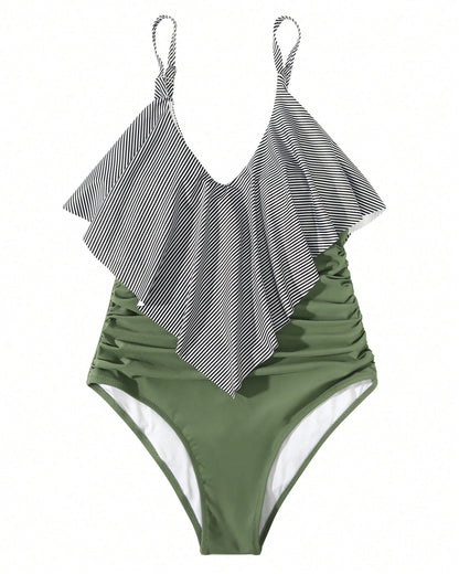 OMKAGI Women's Ruffled One-Piece Swimsuit A Flowing Hem And Pleated Design At The Abdomen Create A Slimming And Flattering Silhouette
