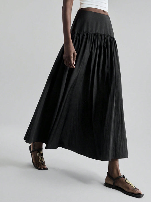 Ontre 2026SS Women's High Waist Pleated Skirt,Soft&Comfortable Solid Elastic Waist Ruched Long Skirt,Black Summer Casual Date Business Office Daily Wear