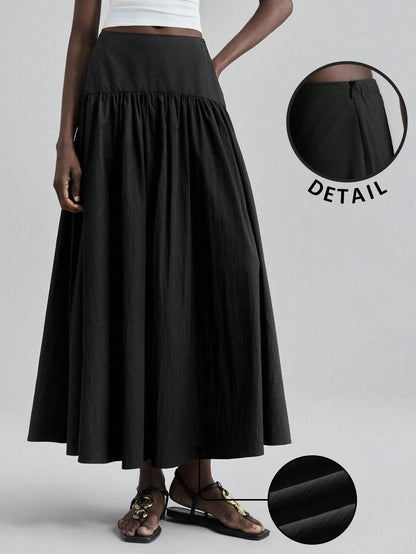 Ontre 2026SS Women's High Waist Pleated Skirt,Soft&Comfortable Solid Elastic Waist Ruched Long Skirt,Black Summer Casual Date Business Office Daily Wear