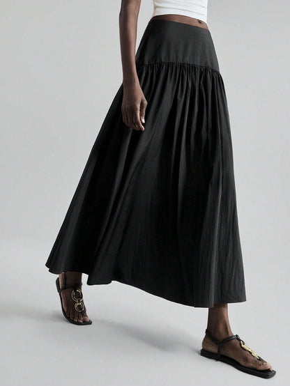 Ontre 2026SS Women's High Waist Pleated Skirt,Soft&Comfortable Solid Elastic Waist Ruched Long Skirt,Black Summer Casual Date Business Office Daily Wear