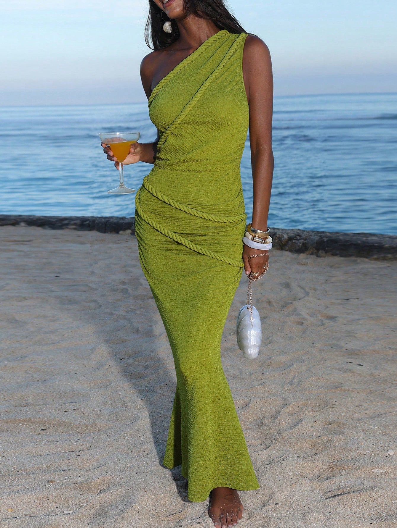 Opulessa Women's Olive Green Summer Casual Beach Holiday Vacation Bodycon Knit Dress,Elegant Mermaid Bohemian Ibiza Western Style Party Outfits