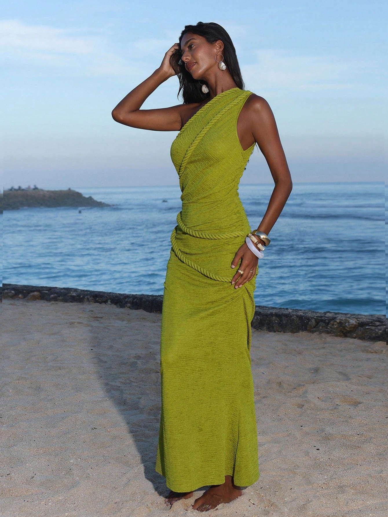 Opulessa Women's Olive Green Summer Casual Beach Holiday Vacation Bodycon Knit Dress,Elegant Mermaid Bohemian Ibiza Western Style Party Outfits