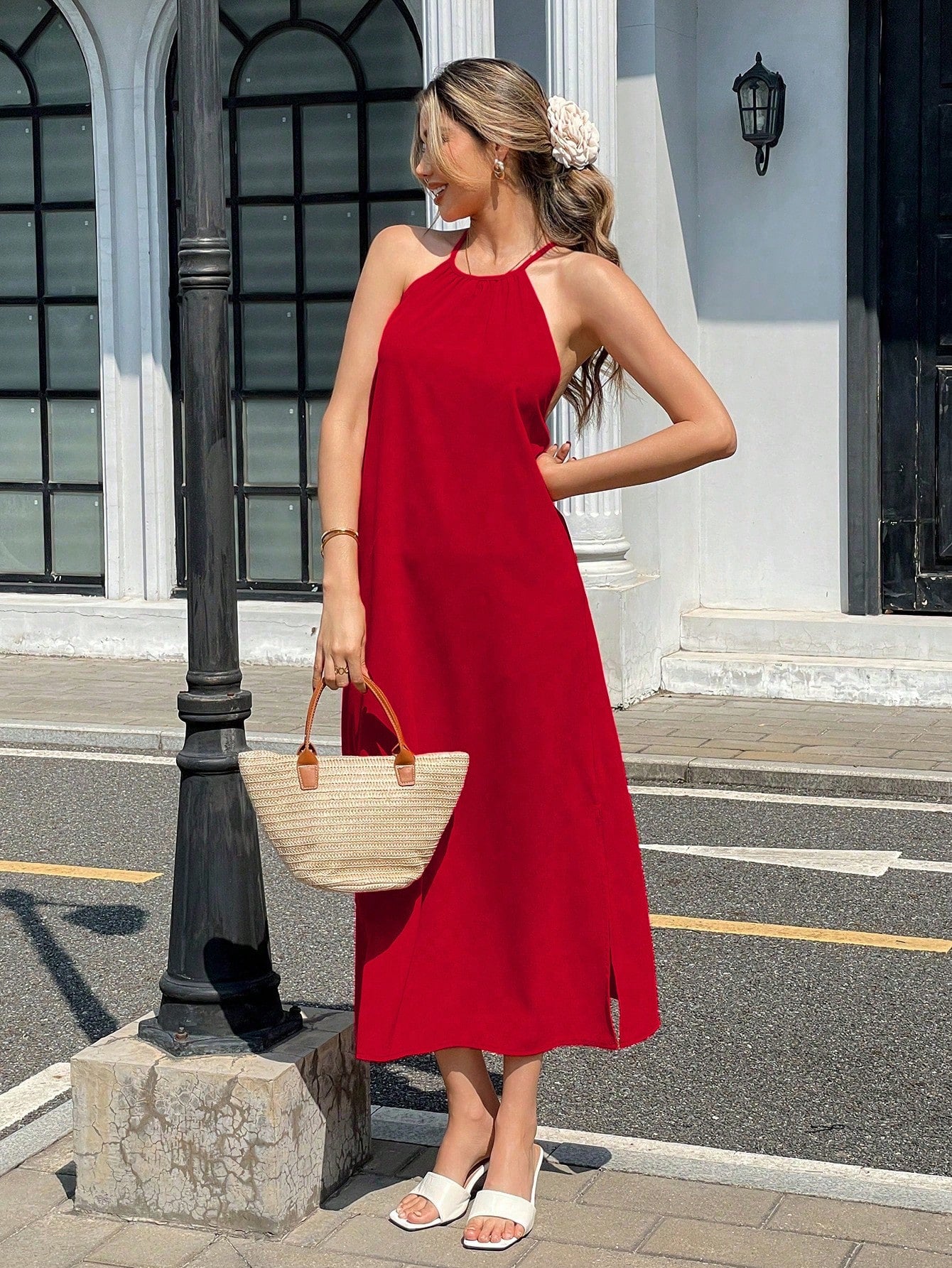 Pariaura Backless With Back Strap Design, Side Slit Calf-Length Fitted Long Dress