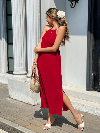 Pariaura Backless With Back Strap Design, Side Slit Calf-Length Fitted Long Dress