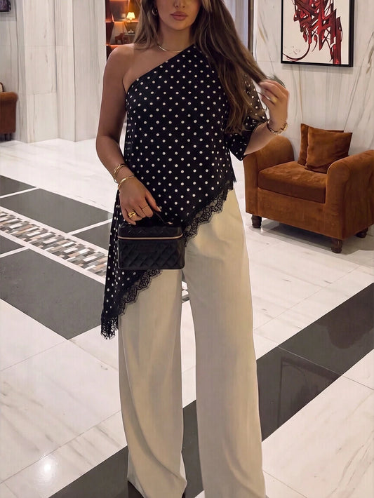 PariChic Summer Elegant One Shoulder Women's Top Lace Patchwork