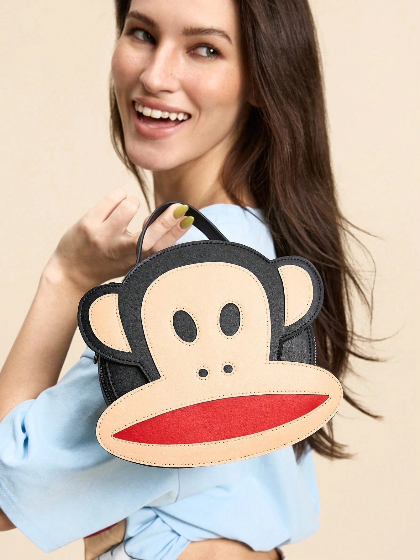 Paul Frank X 1pc Pu Leather Monkey Printed Patchwork Top Handbag, With A Long Shoulder Strap For Crossbody, Suitable For Commuting, Outings, Travel, Can Store Wallets, Small Water Bottles, Perso