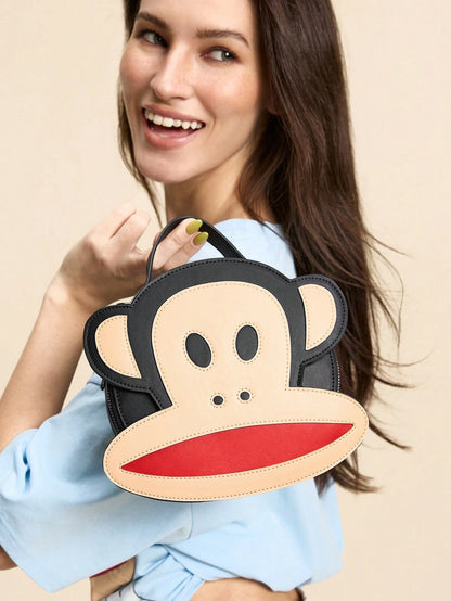 Paul Frank X 1pc Pu Leather Monkey Printed Patchwork Top Handbag, With A Long Shoulder Strap For Crossbody, Suitable For Commuting, Outings, Travel, Can Store Wallets, Small Water Bottles, Perso