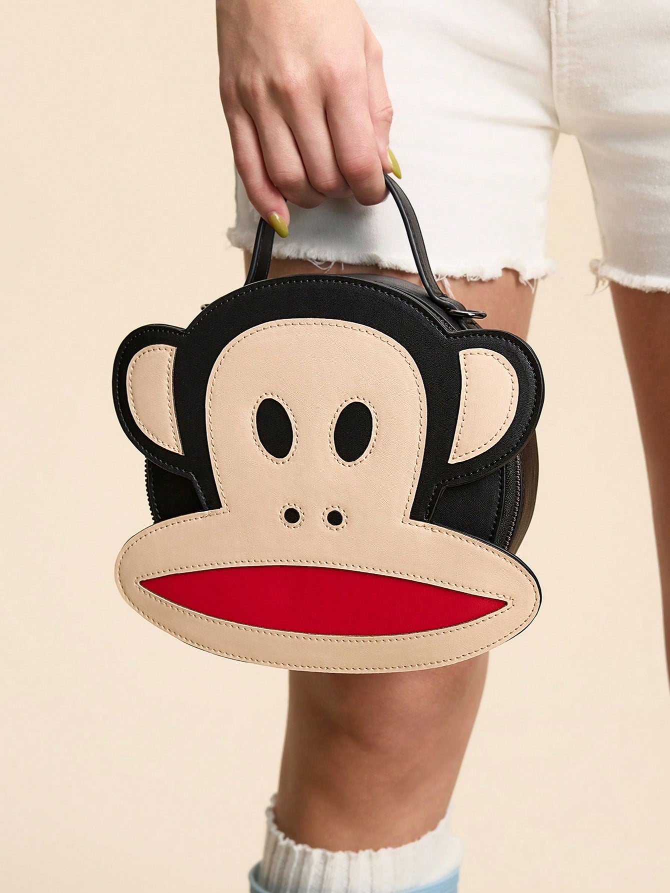 Paul Frank X 1pc Pu Leather Monkey Printed Patchwork Top Handbag, With A Long Shoulder Strap For Crossbody, Suitable For Commuting, Outings, Travel, Can Store Wallets, Small Water Bottles, Perso
