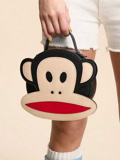 Paul Frank X 1pc Pu Leather Monkey Printed Patchwork Top Handbag, With A Long Shoulder Strap For Crossbody, Suitable For Commuting, Outings, Travel, Can Store Wallets, Small Water Bottles, Perso