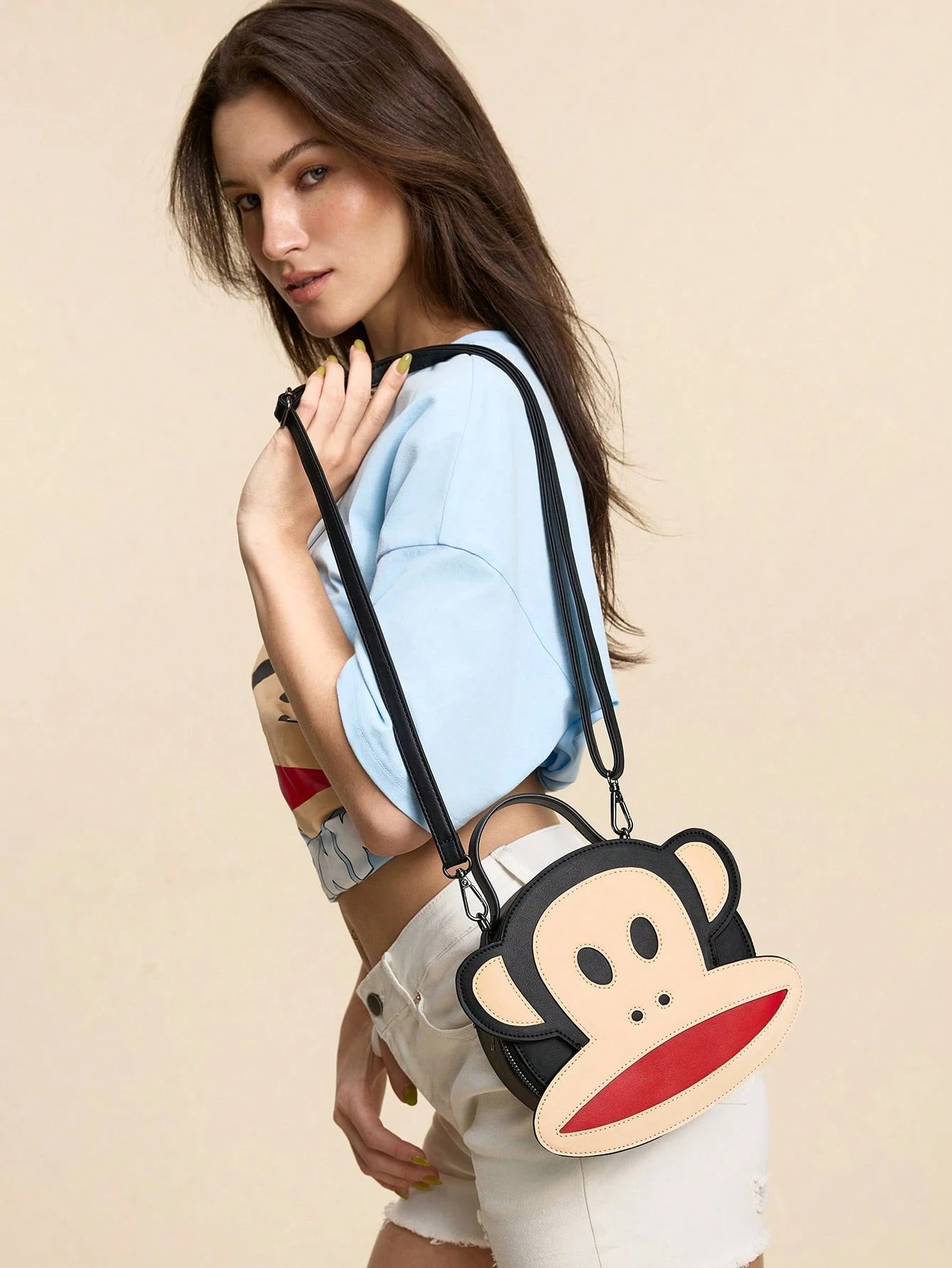 Paul Frank X 1pc Pu Leather Monkey Printed Patchwork Top Handbag, With A Long Shoulder Strap For Crossbody, Suitable For Commuting, Outings, Travel, Can Store Wallets, Small Water Bottles, Perso