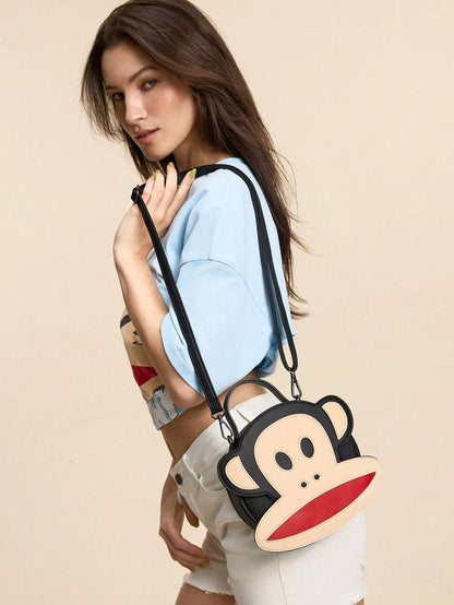 Paul Frank X 1pc Pu Leather Monkey Printed Patchwork Top Handbag, With A Long Shoulder Strap For Crossbody, Suitable For Commuting, Outings, Travel, Can Store Wallets, Small Water Bottles, Perso