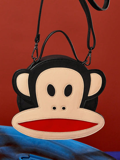 Paul Frank X 1pc Pu Leather Monkey Printed Patchwork Top Handbag, With A Long Shoulder Strap For Crossbody, Suitable For Commuting, Outings, Travel, Can Store Wallets, Small Water Bottles, Perso