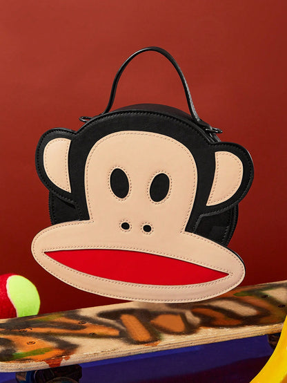 Paul Frank X 1pc Pu Leather Monkey Printed Patchwork Top Handbag, With A Long Shoulder Strap For Crossbody, Suitable For Commuting, Outings, Travel, Can Store Wallets, Small Water Bottles, Perso