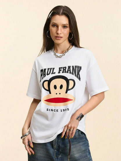 Paul Frank X Women's Casual Letter & Monkey Print Short Sleeve T-Shirt, Summer