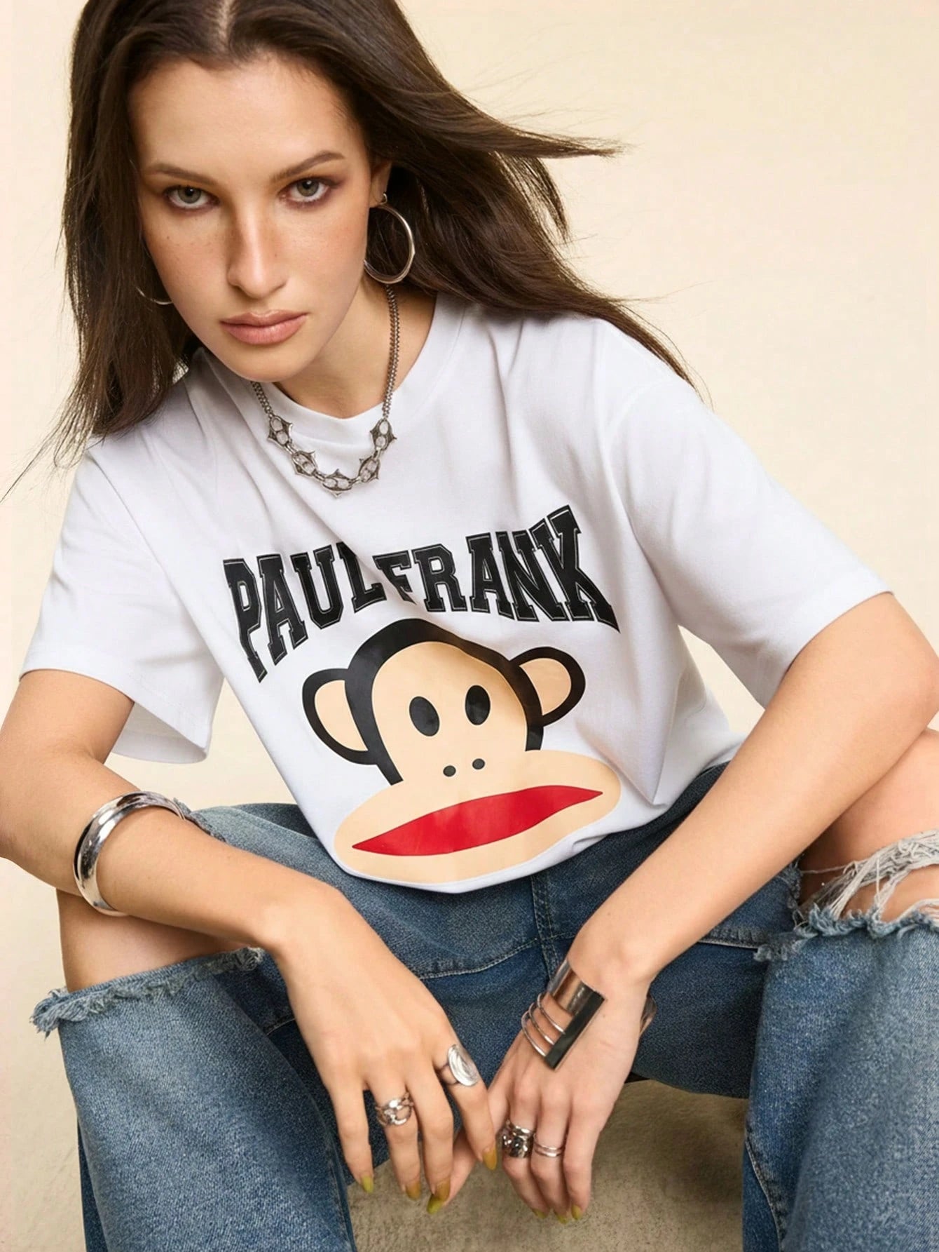 Paul Frank X Women's Casual Letter & Monkey Print Short Sleeve T-Shirt, Summer