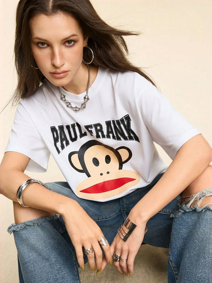 Paul Frank X Women's Casual Letter & Monkey Print Short Sleeve T-Shirt, Summer