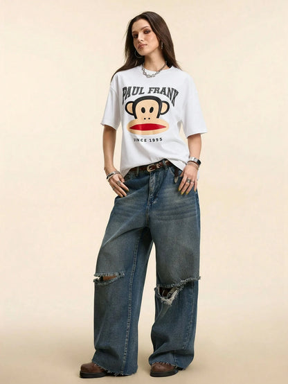 Paul Frank X Women's Casual Letter & Monkey Print Short Sleeve T-Shirt, Summer