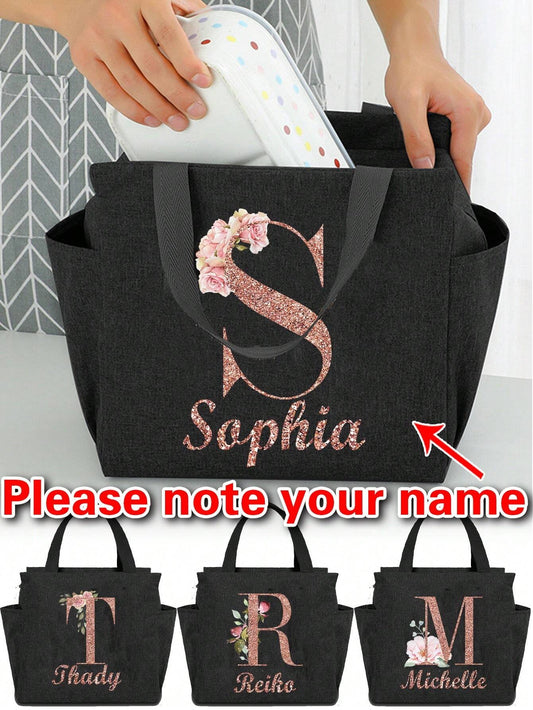 Personalized Custom Name A To Z Pattern Women Large-Capacity Student Thermal Lunch Bags For Work Insulated Picnic Bag Cooler Lunch Box, Back To School