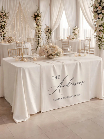 Personalized Custom Wedding Table Runner Linen Table Runner, Groom And Bride Reception Area Decor Banner, Elegant Fabric Sign, Anniversary