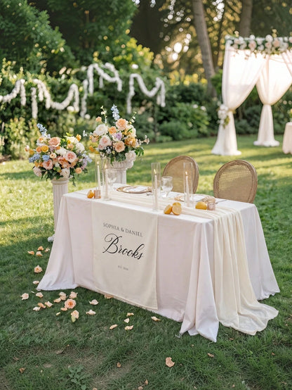 Personalized Custom Wedding Table Runner Linen Table Runner, Groom And Bride Reception Area Decor Banner, Elegant Fabric Sign, Anniversary