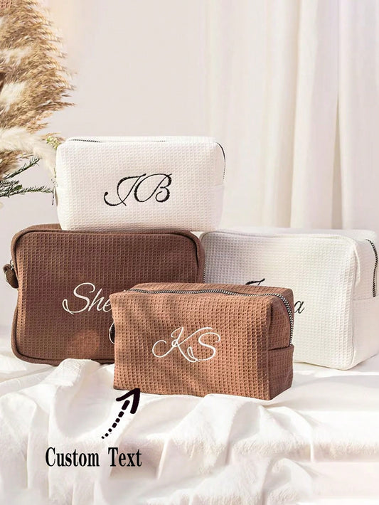 Personalized Embroidered Waffle Makeup Bag, Custom Name Cosmetic Bag, Travel Toiletry Bag, Bridesmaid Gift, Makeup Organizer Bag Back To School