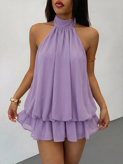 PETITE Elegant Sexy Sleeveless Tie-Neck Mini Dress In Lilac Purple, Suitable For Party Night Out, Date, Autumn/Winter And Spring/Summer,Petite Women