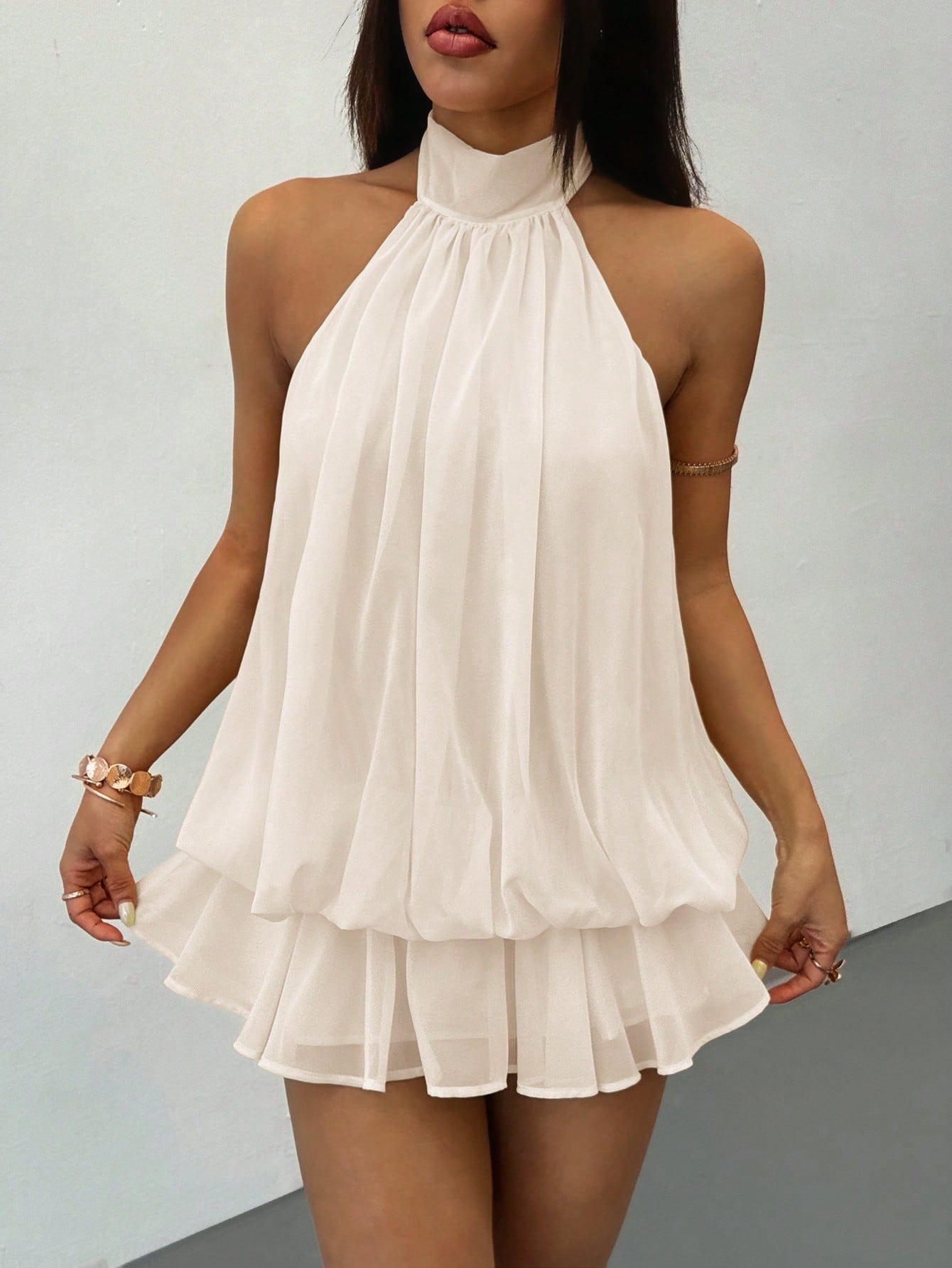PETITE Elegant Sleeveless Tie-Neck Mini Dress In Pale Yellow, Suitable For Party, Date, Autumn/Winter And Spring/Summer,Petite Women