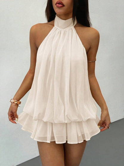 PETITE Elegant Sleeveless Tie-Neck Mini Dress In Pale Yellow, Suitable For Party, Date, Autumn/Winter And Spring/Summer,Petite Women