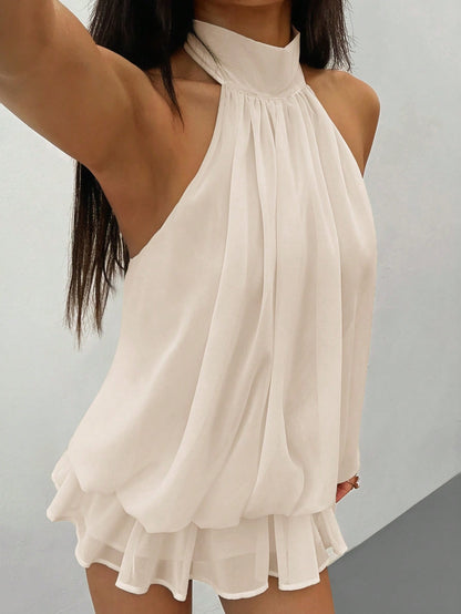 PETITE Elegant Sleeveless Tie-Neck Mini Dress In Pale Yellow, Suitable For Party, Date, Autumn/Winter And Spring/Summer,Petite Women