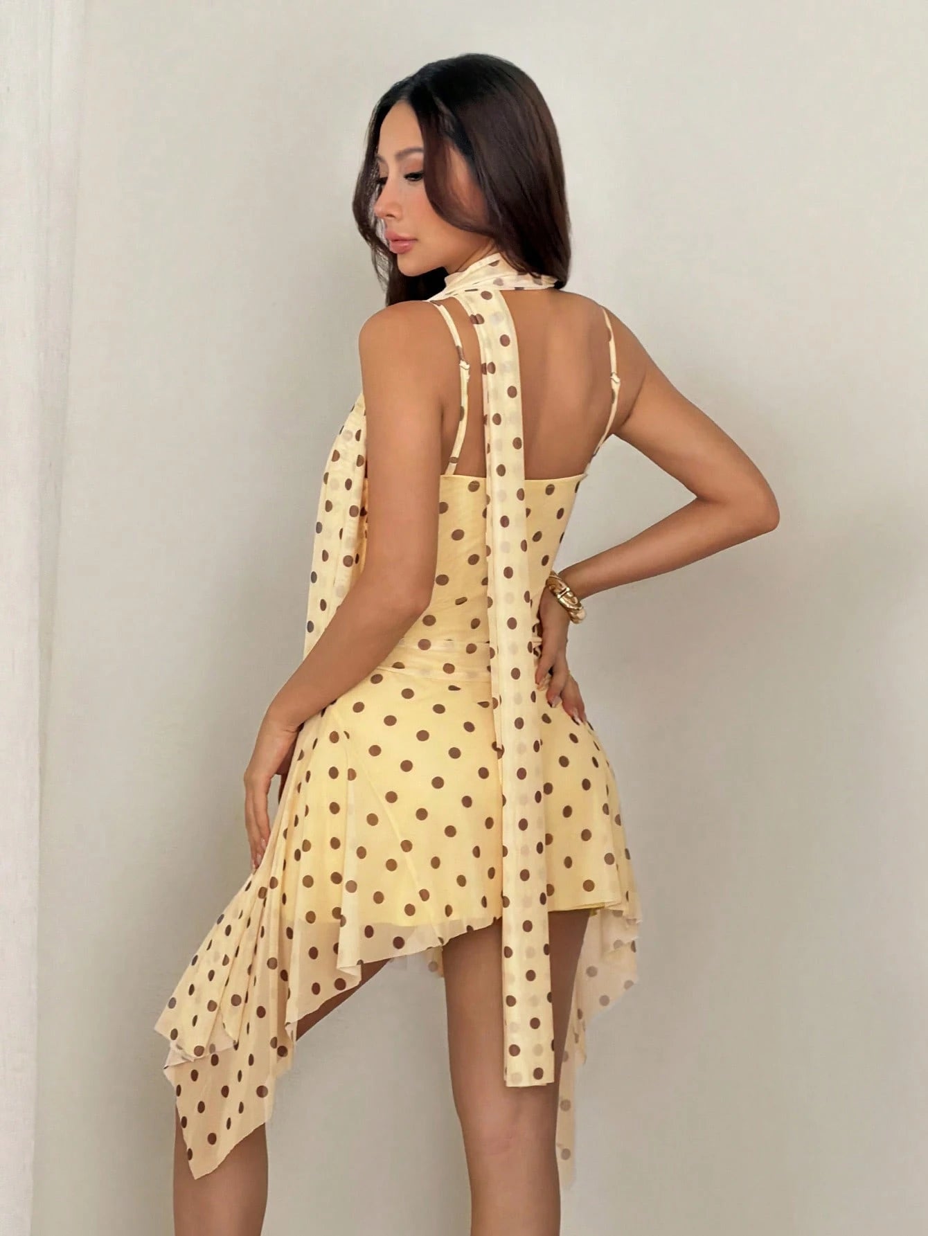 PETITE Women's Brown And Yellow Polka Dot Spaghetti Strap Mini Dress, Summer Outfits Beach Night Vacation Boho Sexy Petite