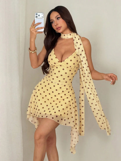 PETITE Women's Brown And Yellow Polka Dot Spaghetti Strap Mini Dress, Summer Outfits Beach Night Vacation Boho Sexy Petite