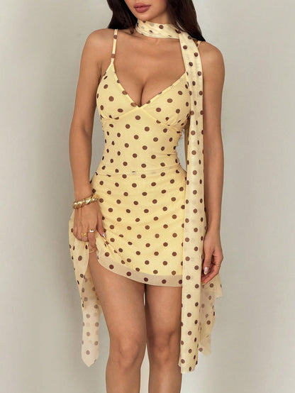 PETITE Women's Brown And Yellow Polka Dot Spaghetti Strap Mini Dress, Summer Outfits Beach Night Vacation Boho Sexy Petite