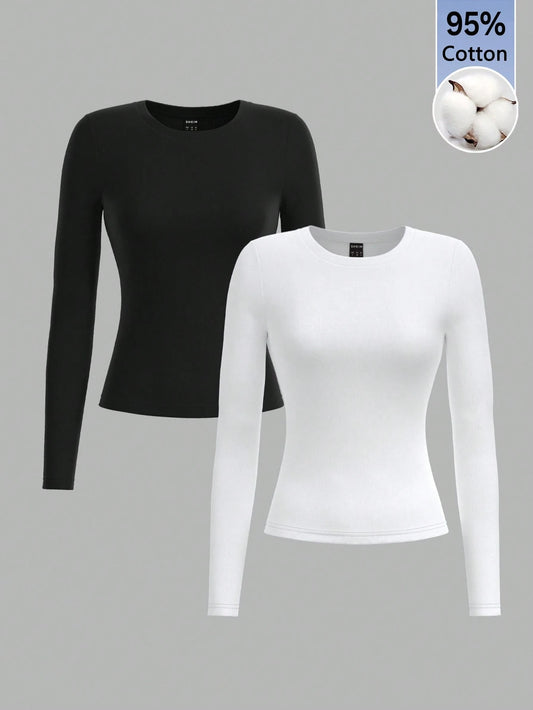 PETITE Women's Casual Basic Versatile Solid Color Long Sleeve T-Shirt Everyday Day Time White Black Autumn Everyday Home