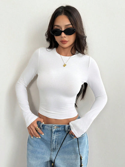 PETITE Women's Casual Basic Versatile Solid Color Long Sleeve T-Shirt Everyday Day Time White Black Autumn Everyday Home