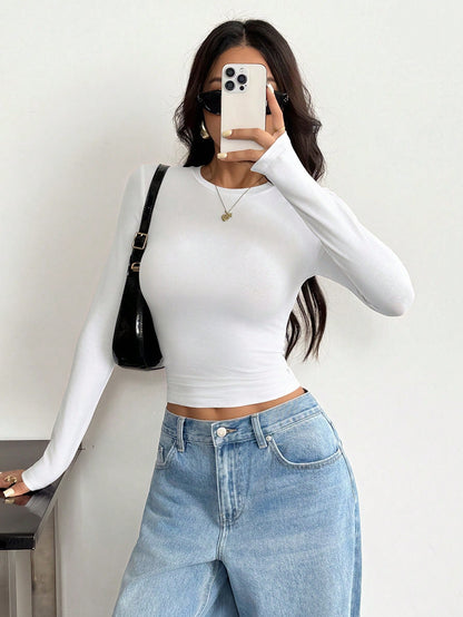 PETITE Women's Casual Basic Versatile Solid Color Long Sleeve T-Shirt Everyday Day Time White Black Autumn Everyday Home
