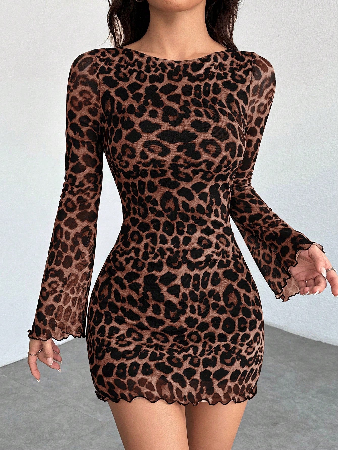 PETITE Women's Leopard Mesh Bell Sleeve Mini Dress,Summer Dresses For Women,Petite Women