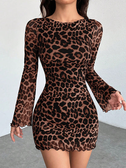 PETITE Women's Leopard Mesh Bell Sleeve Mini Dress,Summer Dresses For Women,Petite Women