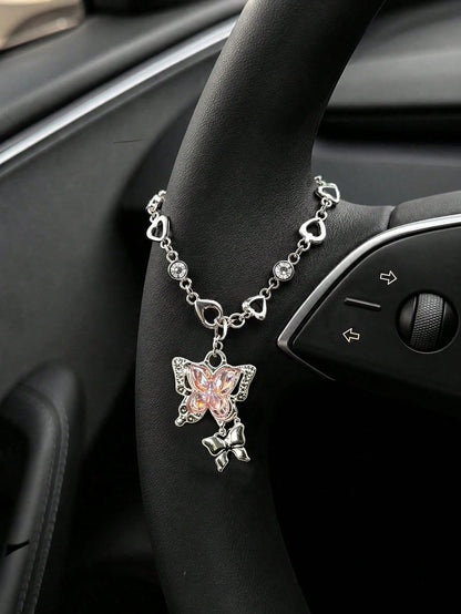 Pink Butterfly Rhinestone Car Hanging Ornament, Fashionable Exquisite Elegant Car Steering Wheel Decoration, Elegant Crystal Pendant Suitable For Rearview Mirror/Steering Wheel/Bag/Keychain, Gift For