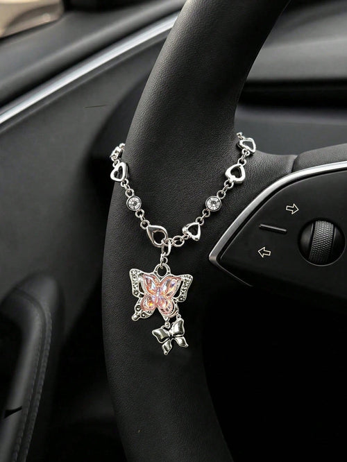 Pink Butterfly Rhinestone Car Hanging Ornament, Fashionable Exquisite Elegant Car Steering Wheel Decoration, Elegant Crystal Pendant Suitable For Rearview Mirror/Steering Wheel/Bag/Keychain, Gift For