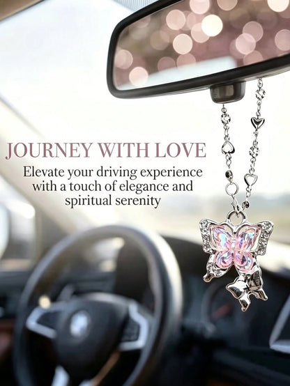 Pink Butterfly Rhinestone Car Hanging Ornament, Fashionable Exquisite Elegant Car Steering Wheel Decoration, Elegant Crystal Pendant Suitable For Rearview Mirror/Steering Wheel/Bag/Keychain, Gift For