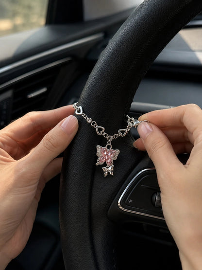 Pink Butterfly Rhinestone Car Hanging Ornament, Fashionable Exquisite Elegant Car Steering Wheel Decoration, Elegant Crystal Pendant Suitable For Rearview Mirror/Steering Wheel/Bag/Keychain, Gift For