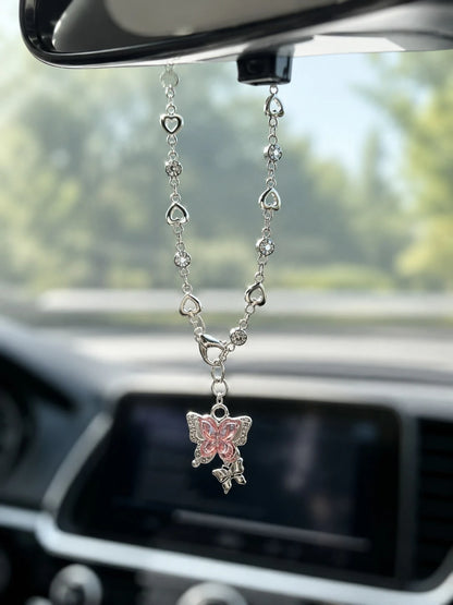 Pink Butterfly Rhinestone Car Hanging Ornament, Fashionable Exquisite Elegant Car Steering Wheel Decoration, Elegant Crystal Pendant Suitable For Rearview Mirror/Steering Wheel/Bag/Keychain, Gift For