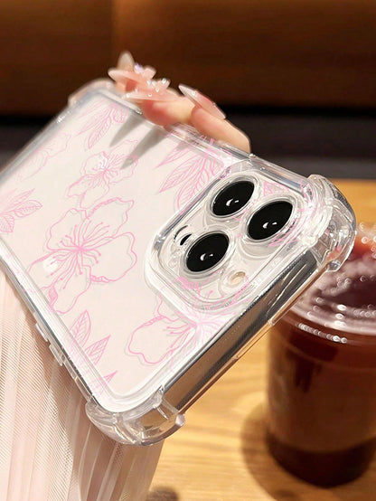 Pink Floral Element Fashion Phone Case Pink Floral Pattern Fashion Phone Case 1pc INS Style Fresh Hibiscus Flower & Leaf Pattern Soft Phone Case, Scratch-Resistant & Anti-Slip, Compatible With IPhone